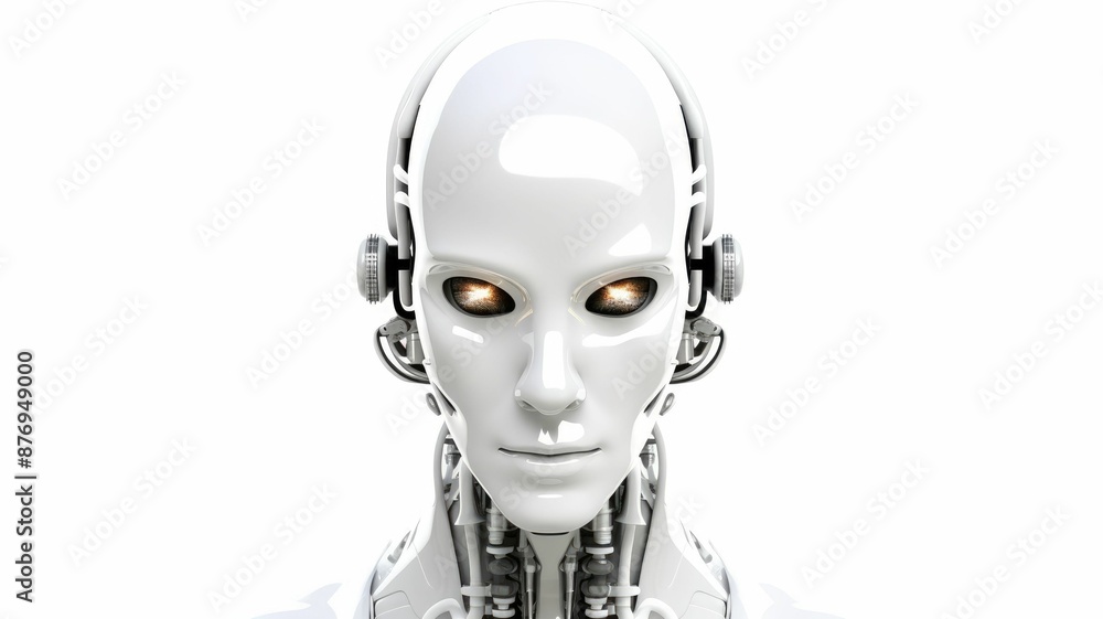 Poster smart android head close up with humanoid features. futuristic robot face concept with white sleek d