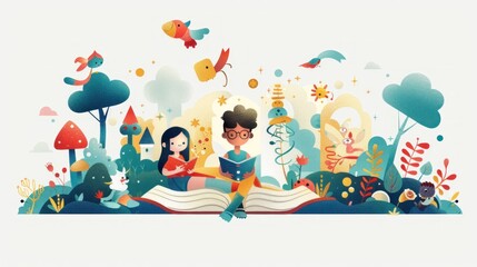 Fototapeta premium A creative flat design illustration featuring a diverse group of characters reading books in a fantastical book world. The background is filled with colorful and imaginative elements like floating