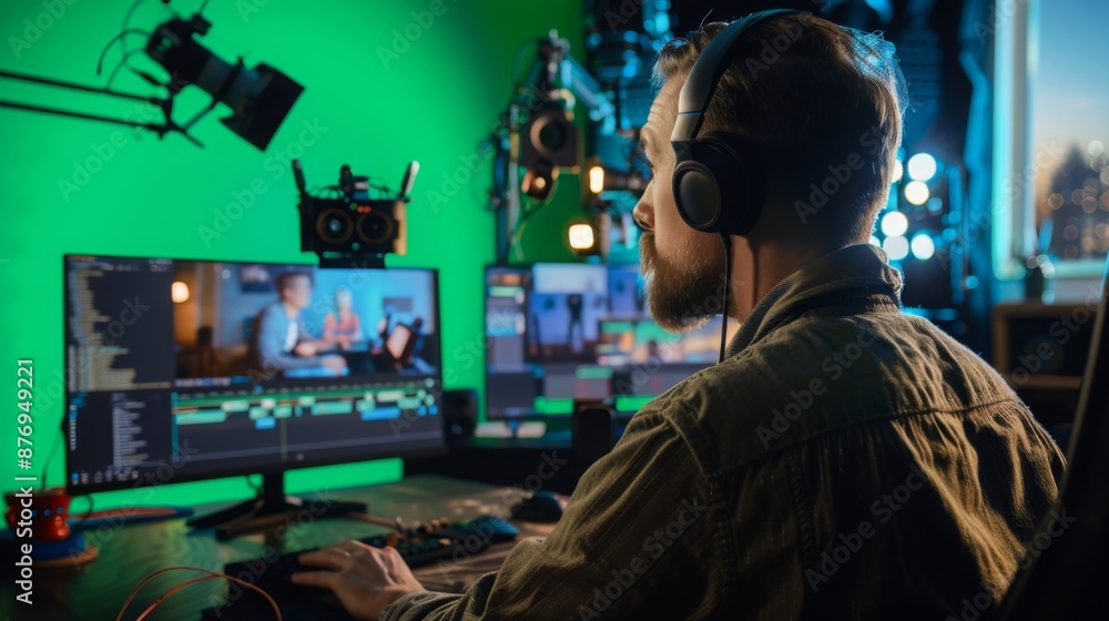 Poster a man wearing headphones edits a video on his computer while sitting in a home studio. a green scree