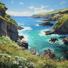 Lively Coastal Landscapes Illustration. Coast with Sea, Beach and Trees.