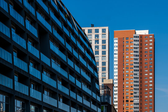 An urban scene showcasing tall buildings with diverse architectural designs against a clear blue sky, illustrating the variety and density of modern city life and growth in Rotterdam