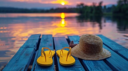 Yellow flip-flops and straw hat on a wooden pier with a sunset background over a peaceful lake