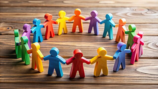 Colorful wooden figures representing unity and diversity in a circle, diversity, unity, colorful, figures, wooden