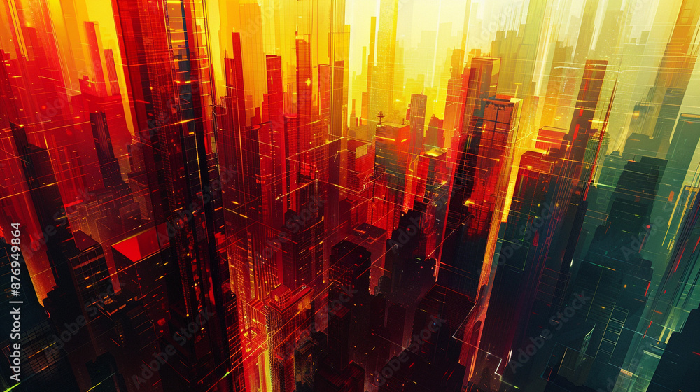 Poster an abstract representation of a cityscape using bold lines and blocks of color, giving a futuristic 