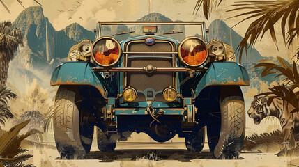 An elegant flyer featuring 1930s safari adventure illustrations, with vintage binoculars, classic jeeps, and exotic animals.