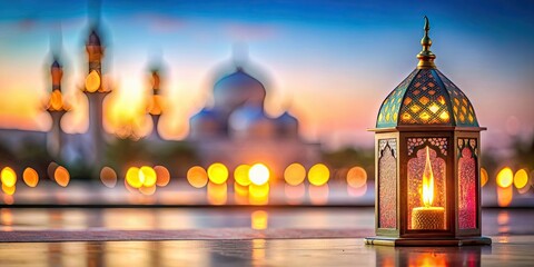 Fototapeta premium Islamic lantern on a blurred mosque background for Eid Al Fitr and Eid Al Adha celebration , Eid, Ramadan, Islamic