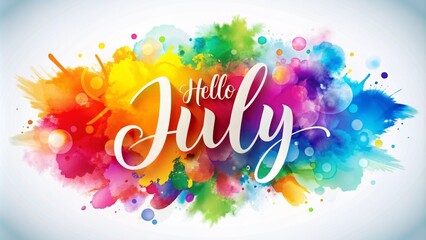 Vibrant abstract summer background with bold colorful splashes and modern typography featuring warm greet Hello July vector illustration design.