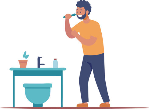 Man Brushing Teeth in Modern Bathroom Cartoon Illustration
