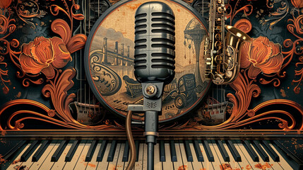 A flyer showcasing an elegant 1930s jazz club scene with illustrations of vintage musical instruments, a microphone, and Art Deco decorations.