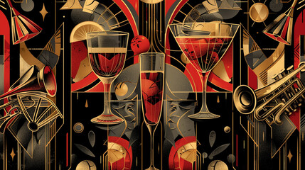 A flyer with a 1920s speakeasy theme, featuring elegant illustrations of vintage cocktail glasses, jazz instruments, and Art Deco elements.
