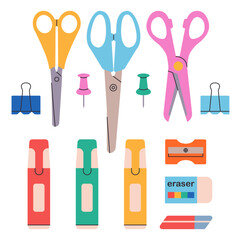 Cute school childrens flat elements set. Various stationery for study and creativity. Vector cartoon hand draw illustration 