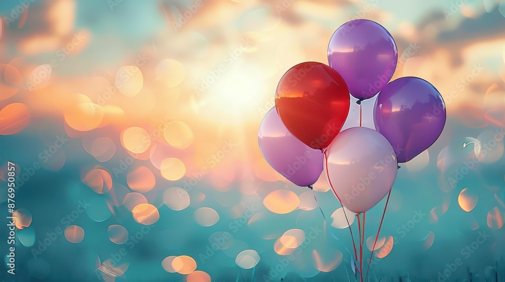 Aufkleber a cluster of red and pink balloons gently floating with a magical bokeh background at sunset, creati