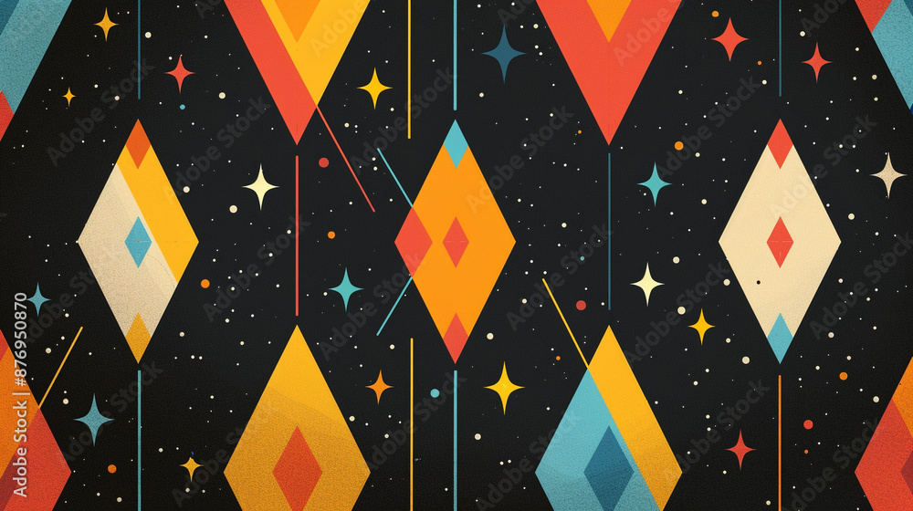 Poster a repetitive pattern of flat color diamonds and stars, using a contrasting color palette for a bold 