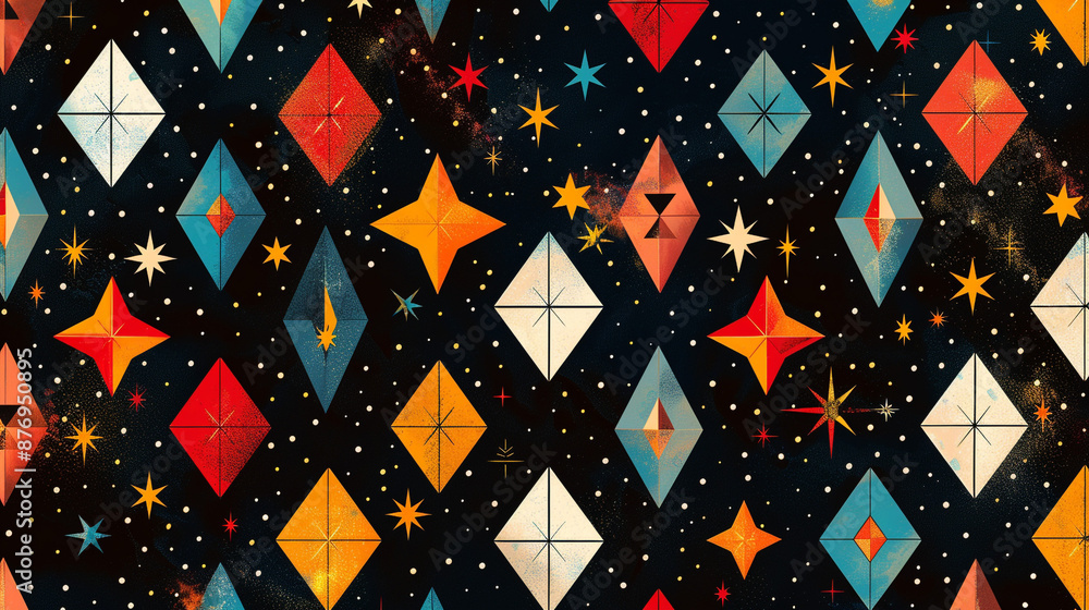 Poster a repetitive pattern of flat color diamonds and stars, using a contrasting color palette for a bold 