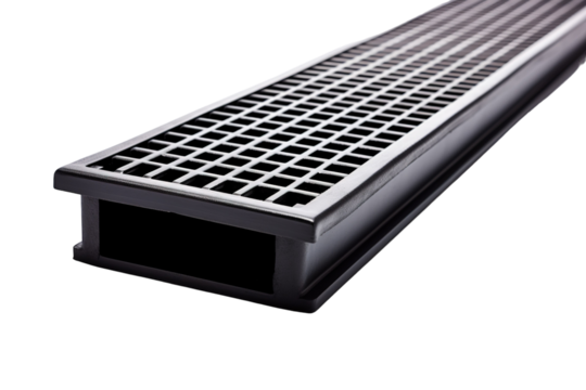 A Black Metal Grating Drain With A Rectangular Pattern on a White or Clear Surface PNG Transparent Background