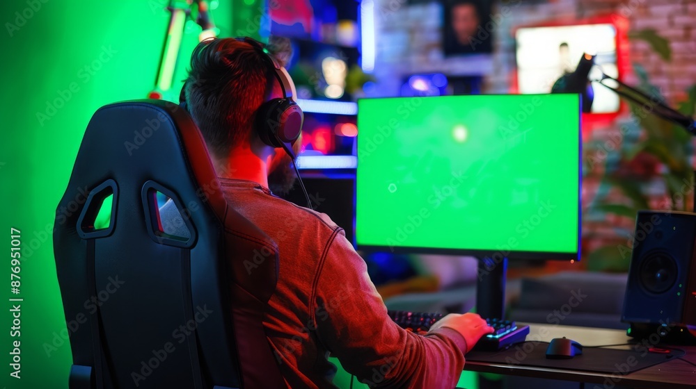 Poster A man wearing headphones sits in a gaming chair, facing a computer monitor with a green screen, while using a keyboard and mouse.