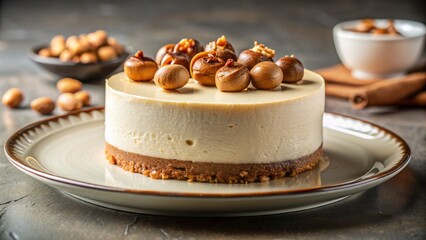 Create a photorealistic image of a decadent no-bake Nutella cheesecake with rich chocolate ganache and toasted hazelnuts on porcelain.