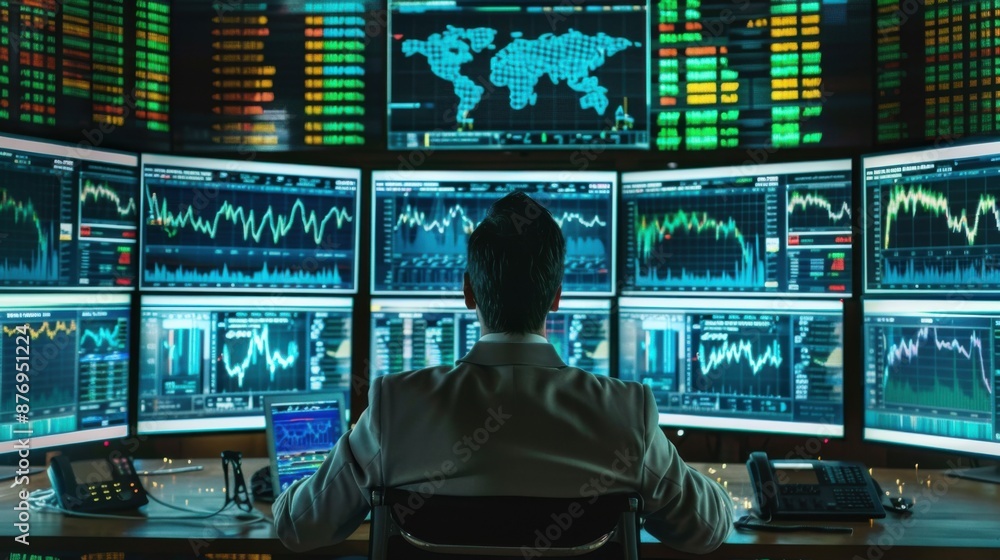 Poster dynamic financial market trader analyzing economy and market data on multiple screens