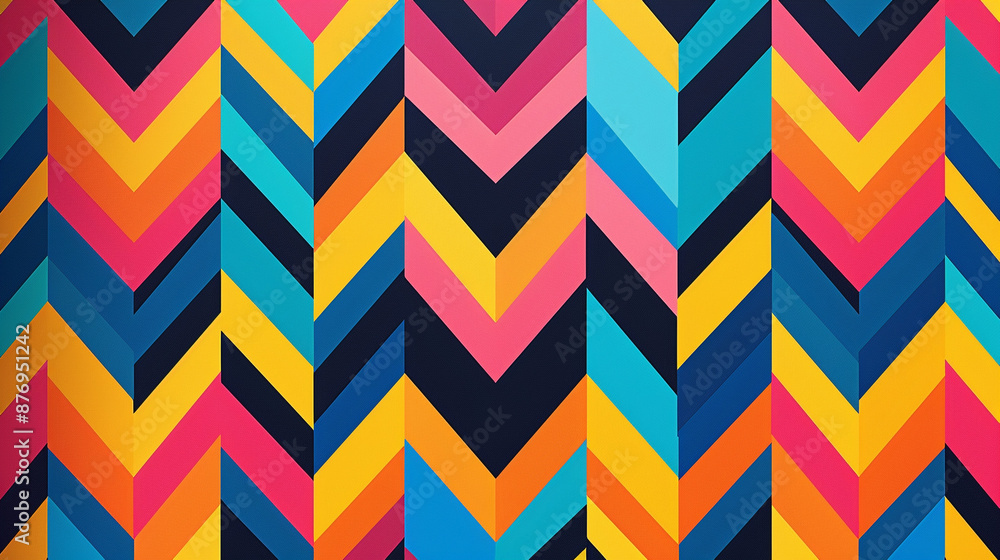 Poster a seamless flat color pattern of abstract zigzags and chevrons, using bold, contrasting colors.