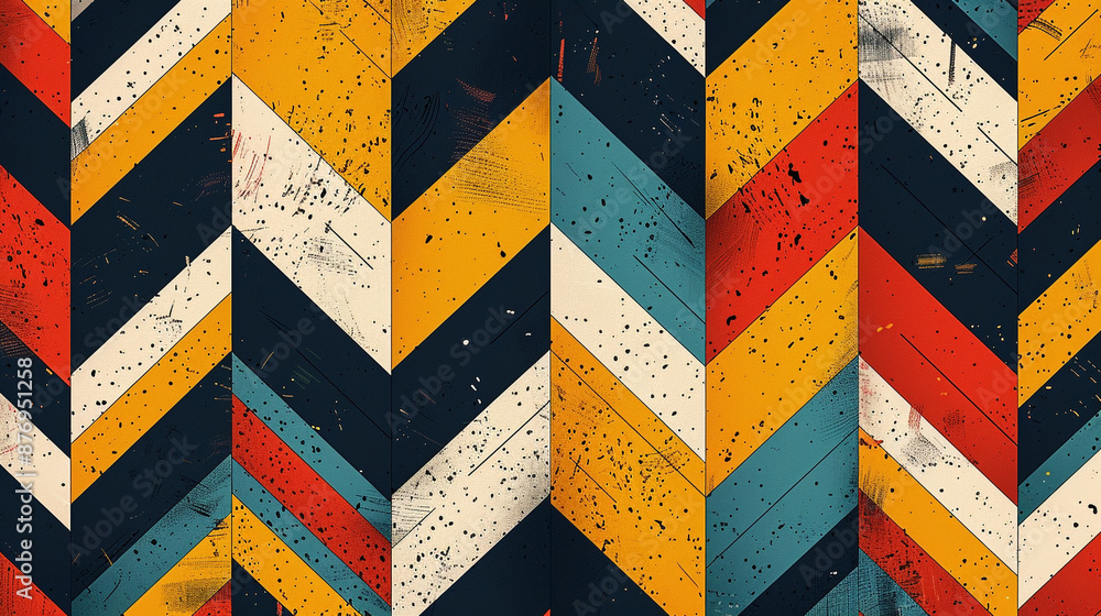 Poster a seamless flat color pattern of abstract zigzags and chevrons, using bold, contrasting colors.