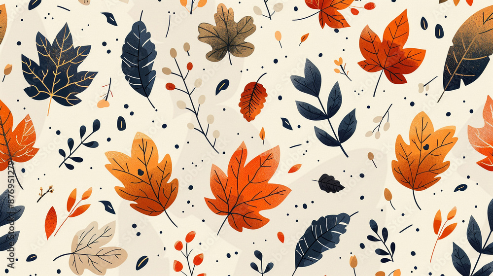 Poster a seamless pattern of flat color leaves and botanical elements, using a natural, muted color palette