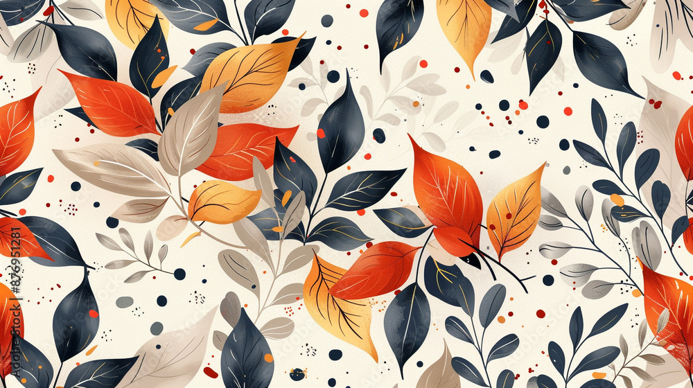 Poster a seamless pattern of flat color leaves and botanical elements, using a natural, muted color palette
