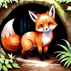 Fototapeta premium Adorable red fox kit exploring its watercolor forest den