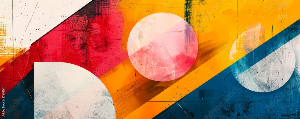 Poster minimalistic digital artwork with abstract shapes and lines in bright primary colors on a minimalist