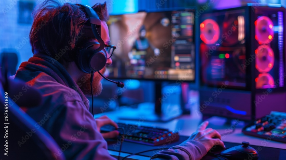 Poster a man wearing a headset and glasses plays a video game on his desktop computer in a dimly lit room.