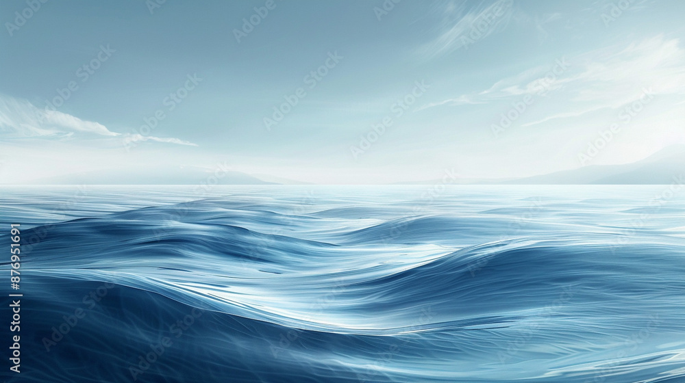 Poster a tranquil abstract seascape with smooth gradient blues and whites, mimicking waves and sky.
