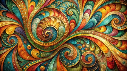 Stunning retro-inspired abstract geometric shapes backdrop featuring intricate swirls, curved lines, and vibrant colors on a textured vintage surface.