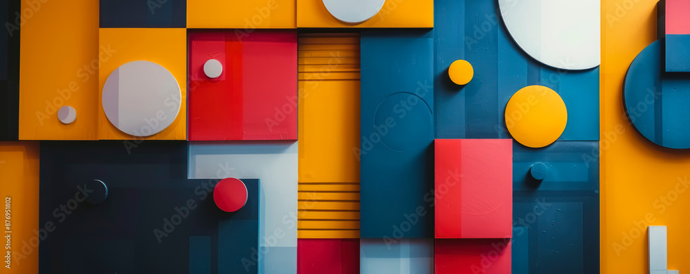 Aufkleber minimalistic digital artwork with abstract shapes and lines in bright primary colors on a minimalist