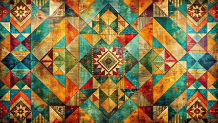 Fototapeta premium Retro inspired abstract geometric shapes background with distressed texture, featuring vibrant colors, and intricate patterns on a worn out canvas.