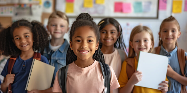 Group of divergent multiracial children in classroom. Kids with backpacks on first day of school. Classmates having good time together after lessons.