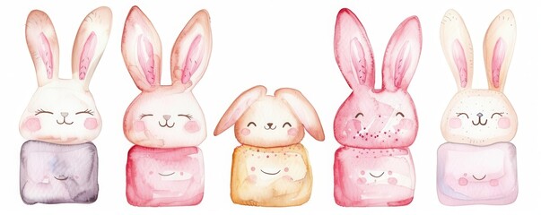 Bunnyshaped marshmallows, dessert element, watercolor illustration, pastel, isolated on white background