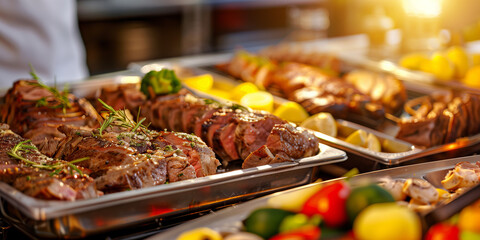 Different dishes in heated containers. Catering food during some fancy event, party or wedding reception.