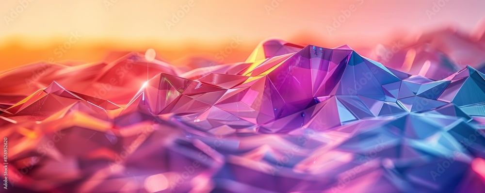 Poster a minimalistic digital background with geometric shapes and vibrant gradients of orange and purple. 