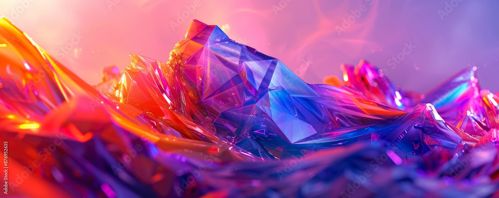 Poster a minimalistic digital background with geometric shapes and vibrant gradients of orange and purple. 