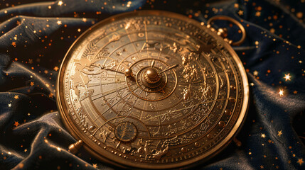 A brass astrolabe, with finely etched celestial maps, resting on a velvet cushion under a starry night sky.