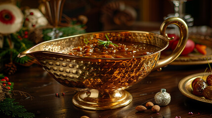 A brass gravy boat, with intricate hammered patterns and a curved spout, filled with rich, savory sauce on a festive dining table.