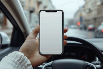 A close-up shot of a person holding a smartphone with a blank screen while sitting in the driver’s seat of a car. 