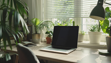 Cozy workplace with modern laptop on desk and comfortable chair at home