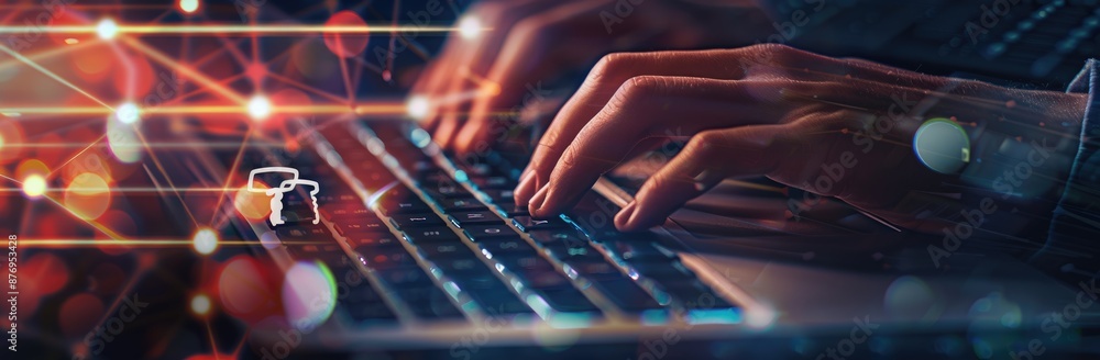 Poster hands typing on a laptop keyboard with a search icon overlay, symbolizing modern technology and inte