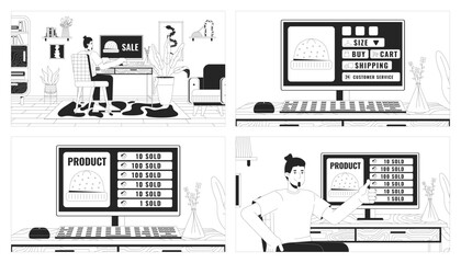 Selling hats in online store black and white line illustration set. Caucasian men ordering clothes on internet 2D characters monochrome background. E commerce outline scene vector image collection