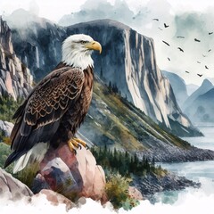 Fototapeta premium Regal bald eagle perched on a watercolor rocky cliff