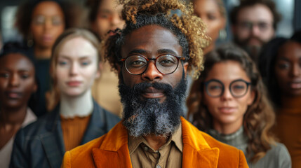 A crowd of multiracial people in stylish colorful clothes pose indoors. Beautiful male and female office colleagues in the corridor of a modern office.