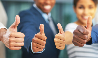 Happy, people and hands with thumbs up in office for agreement, approval and teamwork. Employees, collaboration and winning for partnership on deal for project or task with team building and unity