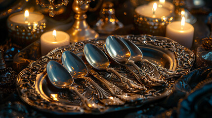 A set of intricately engraved silver spoons and forks, arranged on a velvet-lined tray, catching the soft glow of candlelight.
