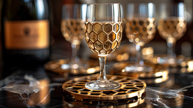 A set of brass coasters with intricate geometric patterns, supporting crystal-clear glasses filled with sparkling champagne.
