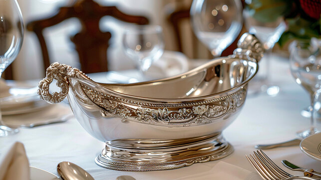 A silver gravy boat, with an elegant curved handle and intricate filigree, placed on a linen-covered dining table set for a formal dinner. - Powered by Adobe